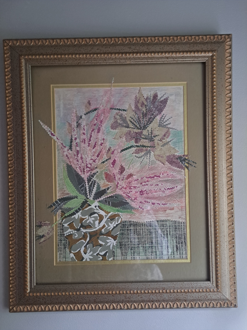 20x25 original framed Unique mixed media collage features a floral arrangement